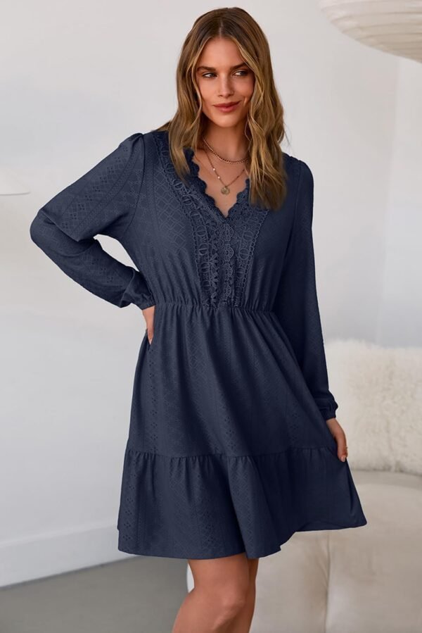 Fall Dresses for Women 2025 Elegant Lace Hollow Out Embroidered V Neck Long Sleeve Casual A-Line Swing Mini Dress