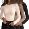3 Pack Women's Ribbed Long Sleeve Tops. Crew Neck Slim Fit Undershirts Knit Basic Casual Stretch Layering Tee Shirts