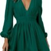 Mini Deep V Sexy Long Sleeve Dress for Women A-line High Waisted Casual Flowy Dress for Cocktail Wedding Guest