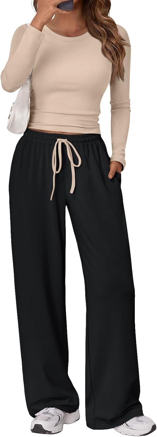 Women's 2 Piece Matching Lounge Set Long Sleeve Slightly Crop Top Wide Leg Pants Casual Sweatsuit