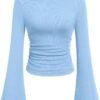 Women's Long Sleeve Shirts 2025 Fall Crop Going Out Tops Casual Boat Neck Bell Sleeve Ribbed Ruched Y2K Clothes