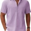 Men's Button Down Short Sleeve Shirt Casual Cotton Summer Beach Linen Wedding Shirts with Pocket