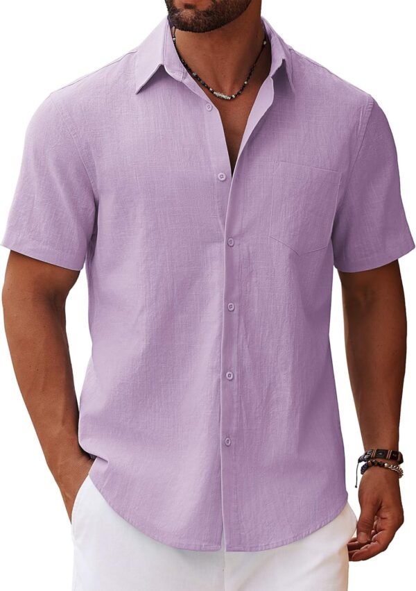 Men's Button Down Short Sleeve Shirt Casual Cotton Summer Beach Linen Wedding Shirts with Pocket