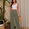 Women Flowy Pants Drawstring Waist Wide Leg Palazzo Beach Pants Loose Fit with Pockets
