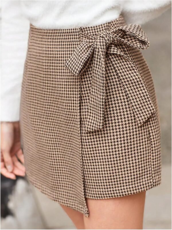 Women's Houndstooth Print Tie Front Skorts Asymmetrical Hem High Waist Skirt Shorts