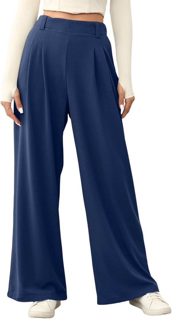 Women's Wide Leg Pants Elastic High Waisted Waffle Knit Casual Palazzo Pants Trousers with Pockets
