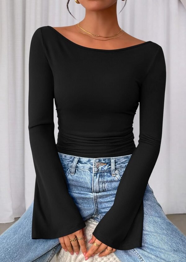 Women's Long Sleeve Shirts 2025 Fall Crop Going Out Tops Casual Boat Neck Bell Sleeve Ribbed Ruched Y2K Clothes