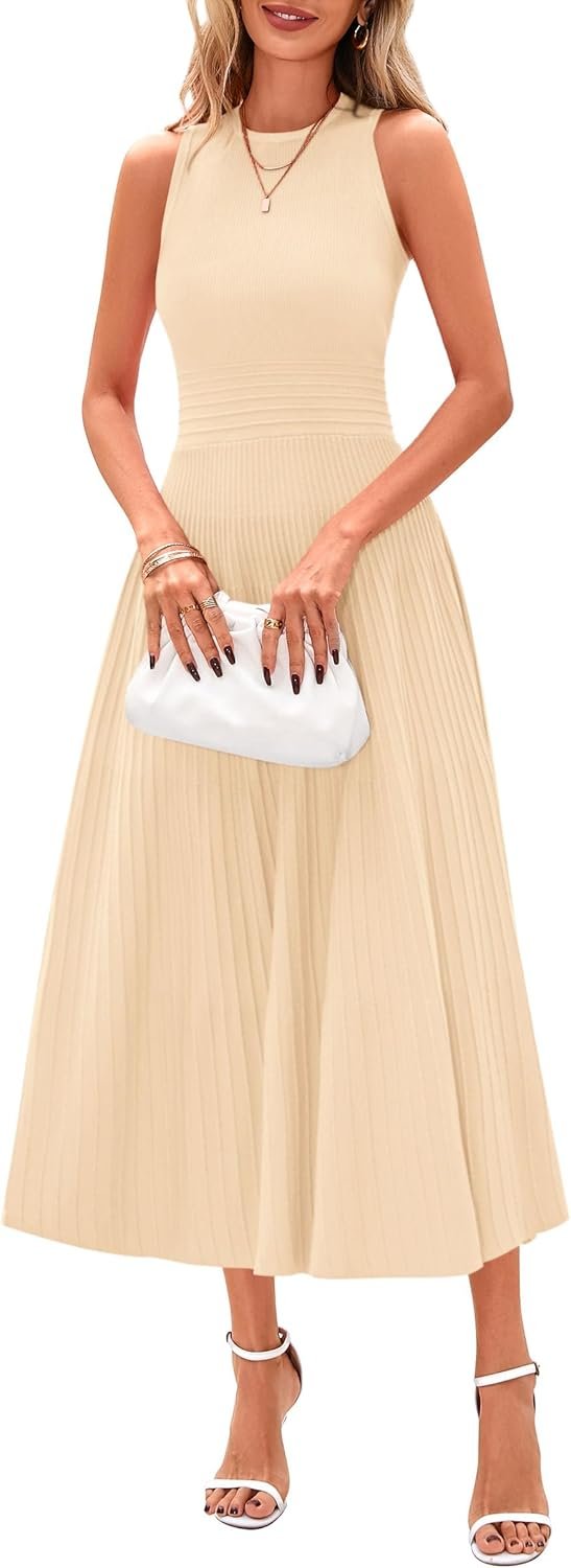 Spring Casual Dresses for Women 2025 Summer Business Work Midi Sleeveless A Line Pleated Cocktail Dress