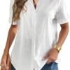 5e3b28e992784e768285c8baea37e5e6 Women Linen Button Down Shirt Rolled Cuffed Short Sleeve Blouse Ladies Summer Casual V Neck Beach Cotton Tops