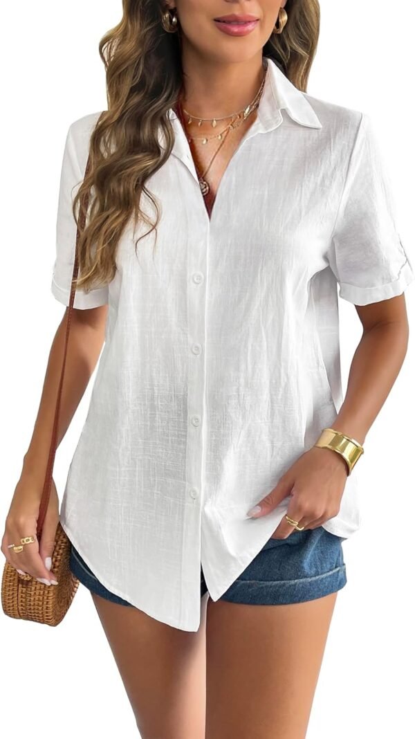 5e3b28e992784e768285c8baea37e5e6 Women Linen Button Down Shirt Rolled Cuffed Short Sleeve Blouse Ladies Summer Casual V Neck Beach Cotton Tops