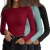 3 Pack Women's Ribbed Long Sleeve Tops. Crew Neck Slim Fit Undershirts Knit Basic Casual Stretch Layering Tee Shirts