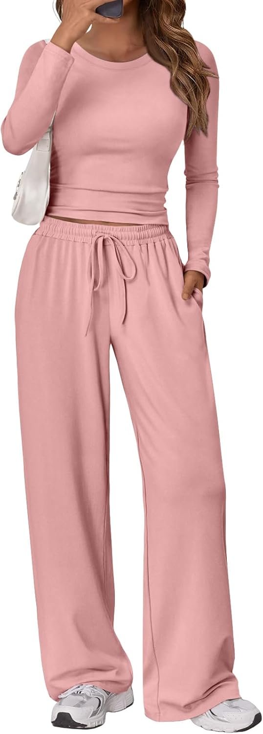 Women's 2 Piece Matching Lounge Set Long Sleeve Slightly Crop Top Wide Leg Pants Casual Sweatsuit