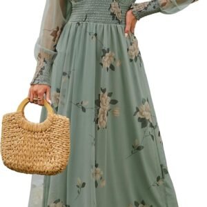 Women's Floral Maxi Dress 2025 Fall V Neck Puff Long Sleeve Flowy Casual Wedding Guest Tee Party Tulle Dresses