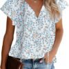 Women's Casual Floral Print V Neck Ruffle Short Sleeve Summer Shirts Tops Loose Blouses