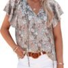 Women's Casual Floral Print V Neck Ruffle Short Sleeve Summer Shirts Tops Loose Blouses