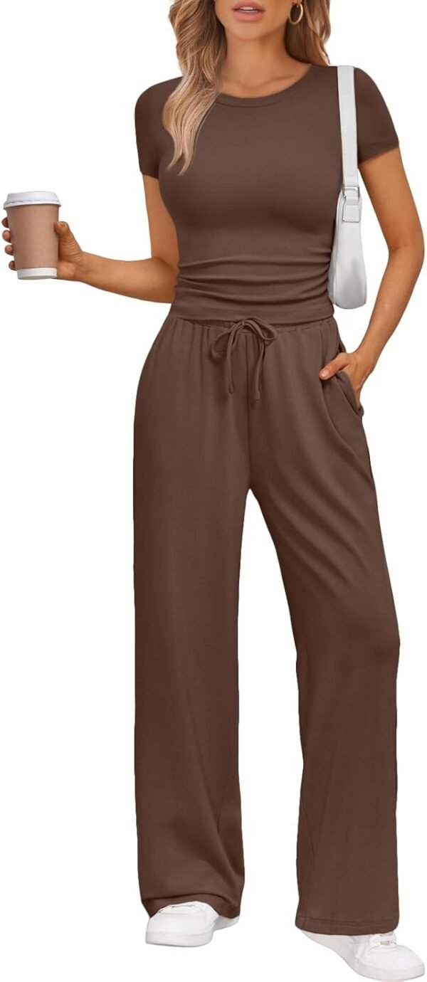 2 Piece Matching Summer Sweatsuit Lounge Set Womens Wide Leg Pants Side Ruching Crop Top Sets