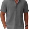 Men's Button Down Short Sleeve Shirt Casual Cotton Summer Beach Linen Wedding Shirts with Pocket