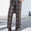 Plaid Pants for Women Wide Leg High Waisted Tartan Work Business Casual Elastic Waist Trousers Pants with Pocket