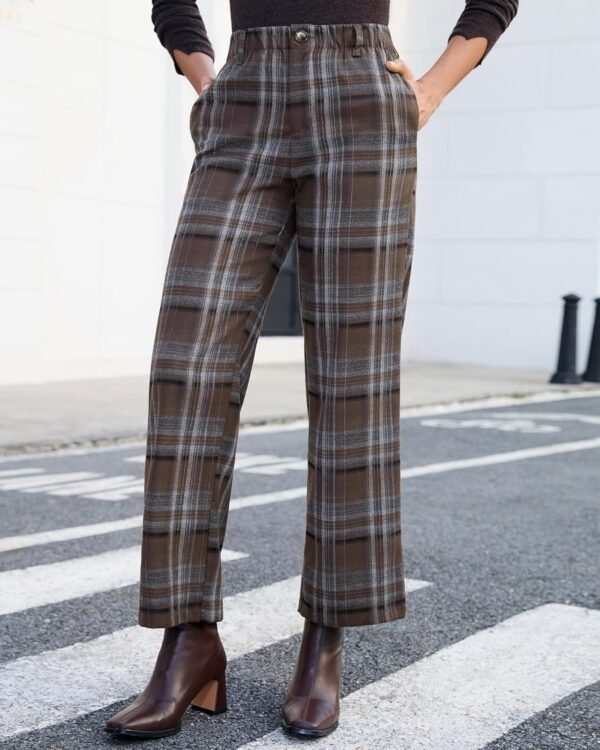 Plaid Pants for Women Wide Leg High Waisted Tartan Work Business Casual Elastic Waist Trousers Pants with Pocket