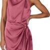 Women's Short Formal Satin Dress Summer Sleeveless Mock Neck Tie Waist Cocktail Party Dresses