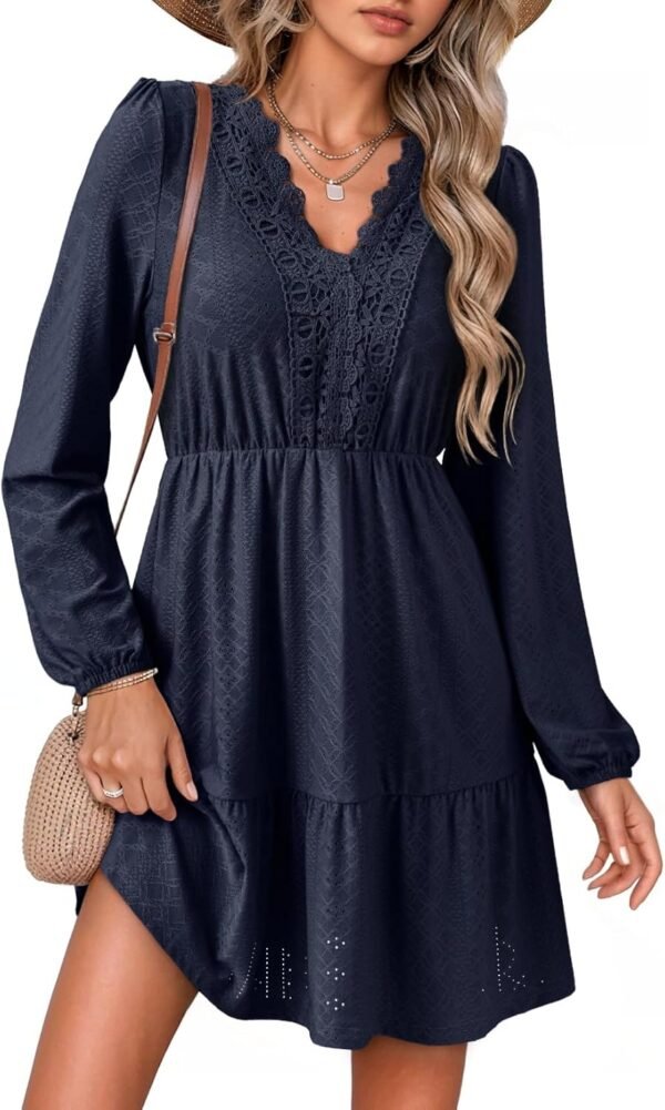 Fall Dresses for Women 2025 Elegant Lace Hollow Out Embroidered V Neck Long Sleeve Casual A-Line Swing Mini Dress