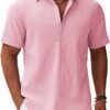 Men's Button Down Short Sleeve Shirt Casual Cotton Summer Beach Linen Wedding Shirts with Pocket