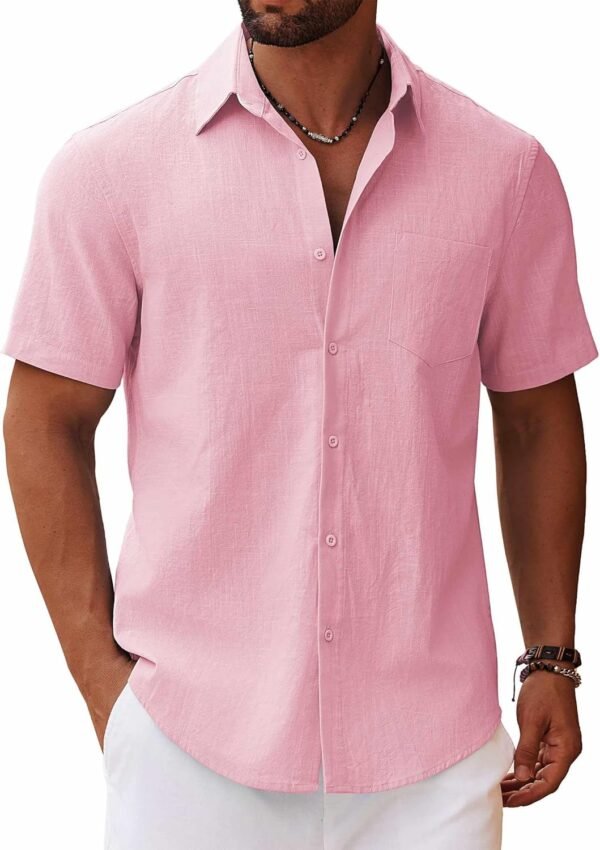 Men's Button Down Short Sleeve Shirt Casual Cotton Summer Beach Linen Wedding Shirts with Pocket