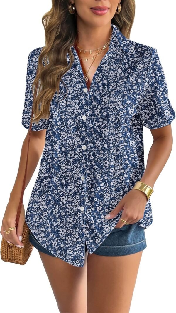 7e292085a2fc49b6a21b78ffb8ea69c0 Women Linen Button Down Shirt Rolled Cuffed Short Sleeve Blouse Ladies Summer Casual V Neck Beach Cotton Tops