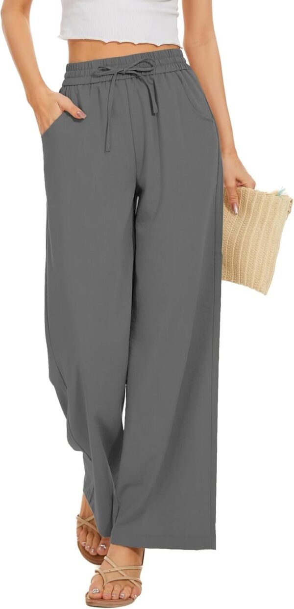 Women Flowy Pants Drawstring Waist Wide Leg Palazzo Beach Pants Loose Fit with Pockets