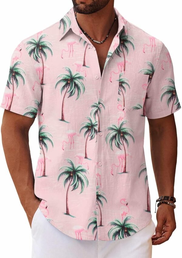 Men's Button Down Short Sleeve Shirt Casual Cotton Summer Beach Linen Wedding Shirts with Pocket