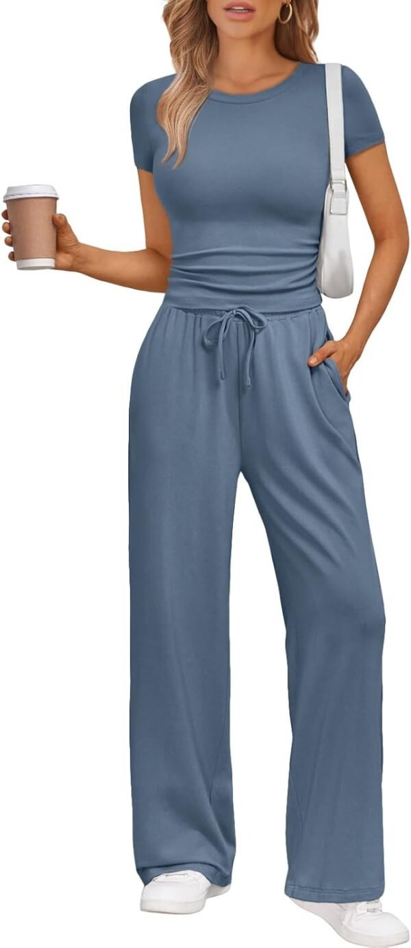 2 Piece Matching Summer Sweatsuit Lounge Set Womens Wide Leg Pants Side Ruching Crop Top Sets