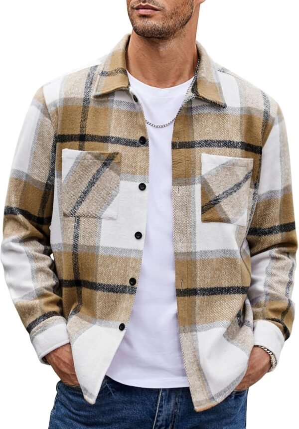 Men's Flannel Shirts Casual Button Down Plaid Shirt Jacket Long Sleeve Fleece Shacket with Pockets