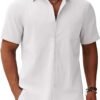 Men's Button Down Short Sleeve Shirt Casual Cotton Summer Beach Linen Wedding Shirts with Pocket