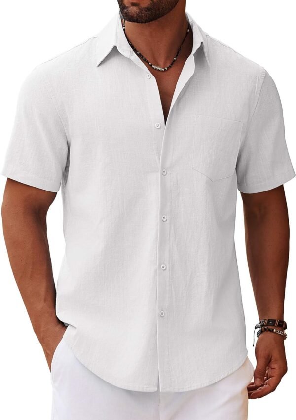 Men's Button Down Short Sleeve Shirt Casual Cotton Summer Beach Linen Wedding Shirts with Pocket
