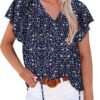 Women's Casual Floral Print V Neck Ruffle Short Sleeve Summer Shirts Tops Loose Blouses
