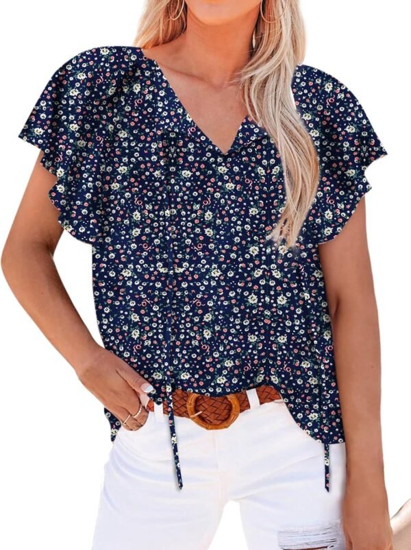 Women's Casual Floral Print V Neck Ruffle Short Sleeve Summer Shirts Tops Loose Blouses