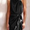 Women's Short Formal Satin Dress Summer Sleeveless Mock Neck Tie Waist Cocktail Party Dresses