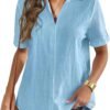 8a4fa01d437240c2b7feef579f7d3970 Women Linen Button Down Shirt Rolled Cuffed Short Sleeve Blouse Ladies Summer Casual V Neck Beach Cotton Tops