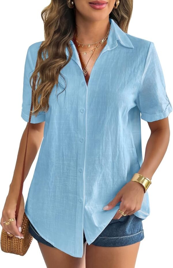 8a4fa01d437240c2b7feef579f7d3970 Women Linen Button Down Shirt Rolled Cuffed Short Sleeve Blouse Ladies Summer Casual V Neck Beach Cotton Tops