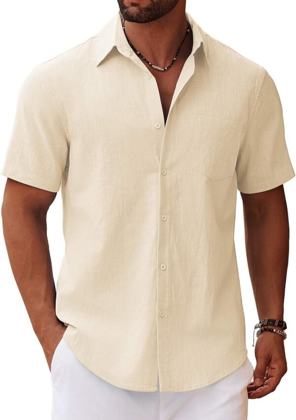 Men's Button Down Short Sleeve Shirt Casual Cotton Summer Beach Linen Wedding Shirts with Pocket