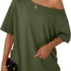 Womens Off The Shoulder Tops Oversized T-Shirts Short Sleeve Tees Summer 2025 Casual Spring Fashion Clothes
