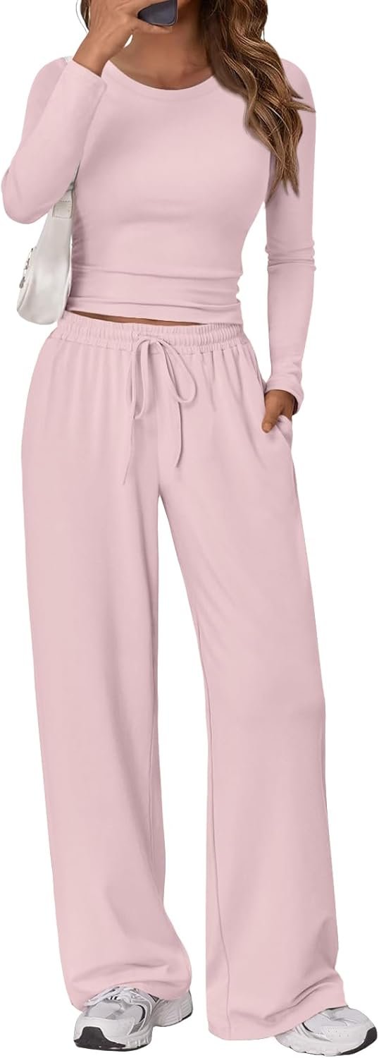 Women's 2 Piece Matching Lounge Set Long Sleeve Slightly Crop Top Wide Leg Pants Casual Sweatsuit