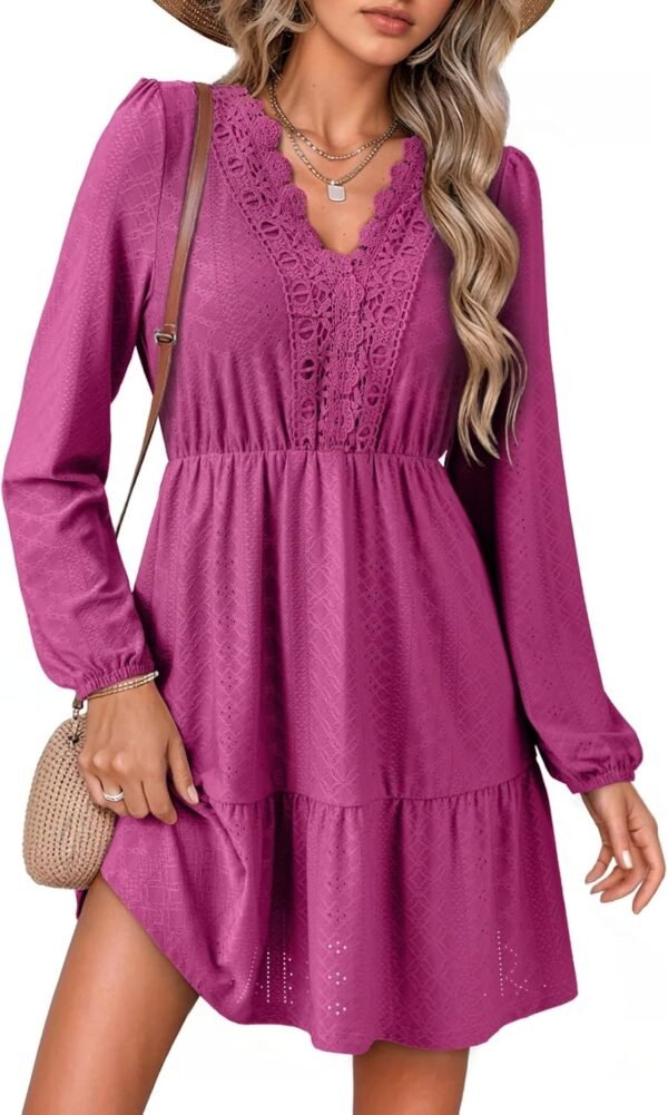 Fall Dresses for Women 2025 Elegant Lace Hollow Out Embroidered V Neck Long Sleeve Casual A-Line Swing Mini Dress