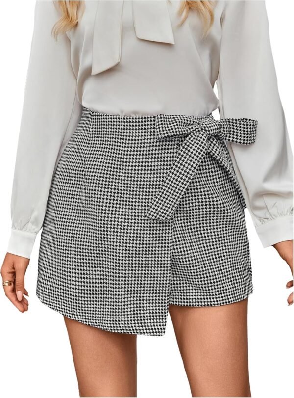 Women's Houndstooth Print Tie Front Skorts Asymmetrical Hem High Waist Skirt Shorts