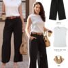 Women's Wide Leg Pants Elastic High Waisted Waffle Knit Casual Palazzo Pants Trousers with Pockets