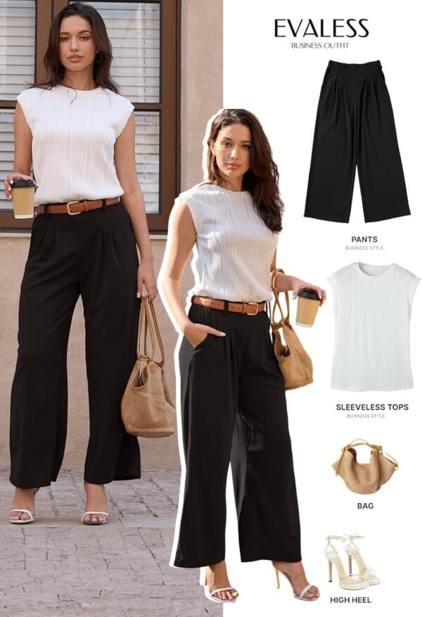 Women's Wide Leg Pants Elastic High Waisted Waffle Knit Casual Palazzo Pants Trousers with Pockets