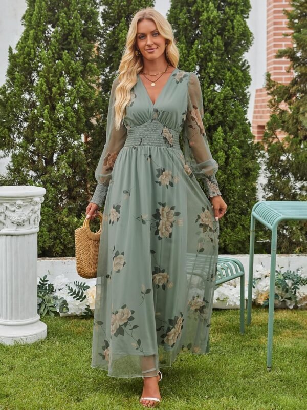 Women's Floral Maxi Dress 2025 Fall V Neck Puff Long Sleeve Flowy Casual Wedding Guest Tee Party Tulle Dresses