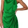 Women's Short Formal Satin Dress Summer Sleeveless Mock Neck Tie Waist Cocktail Party Dresses