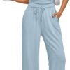 2 Piece Matching Summer Sweatsuit Lounge Set Womens Wide Leg Pants Side Ruching Crop Top Sets