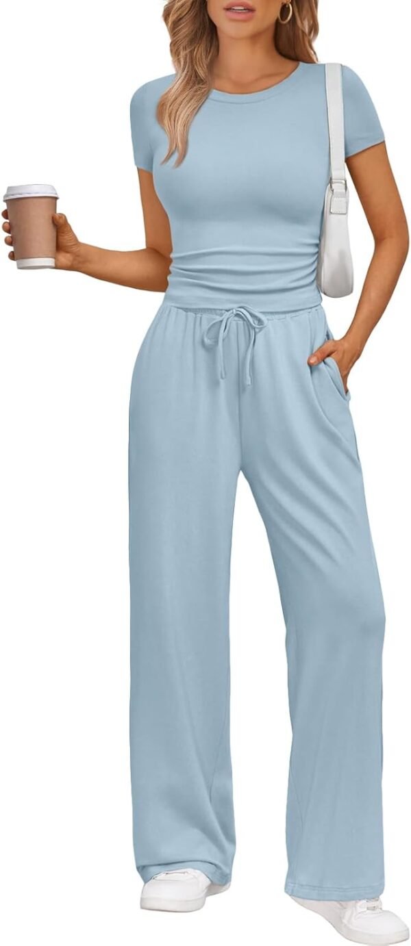 2 Piece Matching Summer Sweatsuit Lounge Set Womens Wide Leg Pants Side Ruching Crop Top Sets